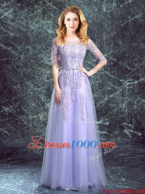 Square Floor Length Lavender Wedding Party Dress Tulle Half Sleeves Appliques