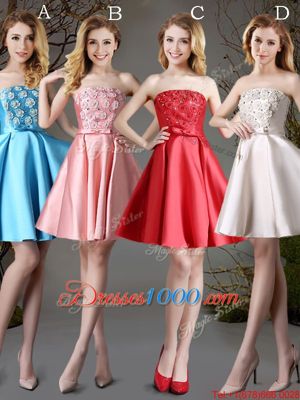 Fantastic Red and Baby Blue and Champagne A-line Strapless Sleeveless Satin Mini Length Lace Up Appliques and Bowknot Damas Dress