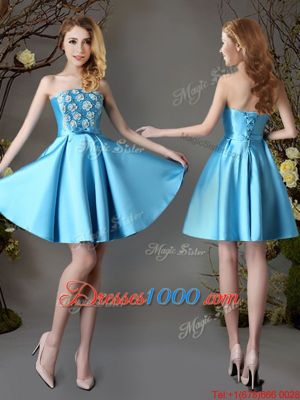 Fantastic Red and Baby Blue and Champagne A-line Strapless Sleeveless Satin Mini Length Lace Up Appliques and Bowknot Damas Dress