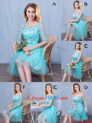 Popular Aqua Blue Sweetheart Neckline Lace and Appliques and Bowknot Bridesmaid Dresses Sleeveless Lace Up