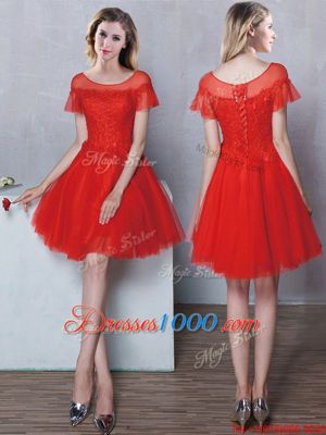 Tulle Scoop Short Sleeves Lace Up Lace Bridesmaid Dress in Red