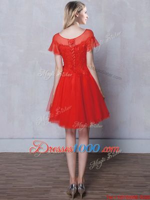 Tulle Scoop Short Sleeves Lace Up Lace Bridesmaid Dress in Red