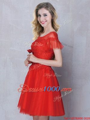 Tulle Scoop Short Sleeves Lace Up Lace Bridesmaid Dress in Red