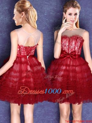 Trendy Scoop Wine Red Sleeveless Mini Length Lace and Bowknot Lace Up Bridesmaid Dress