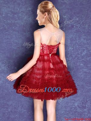 Trendy Scoop Wine Red Sleeveless Mini Length Lace and Bowknot Lace Up Bridesmaid Dress