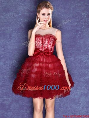 Trendy Scoop Wine Red Sleeveless Mini Length Lace and Bowknot Lace Up Bridesmaid Dress