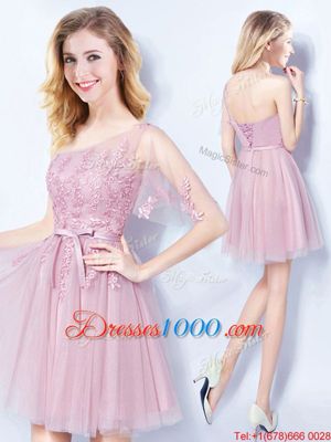 Decent One Shoulder Pink Empire Appliques and Belt Bridesmaid Dresses Lace Up Tulle Sleeveless Mini Length
