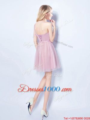 Decent One Shoulder Pink Empire Appliques and Belt Bridesmaid Dresses Lace Up Tulle Sleeveless Mini Length