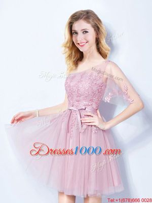 Decent One Shoulder Pink Empire Appliques and Belt Bridesmaid Dresses Lace Up Tulle Sleeveless Mini Length