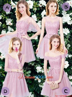 Decent One Shoulder Pink Empire Appliques and Belt Bridesmaid Dresses Lace Up Tulle Sleeveless Mini Length