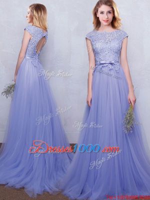Beauteous Lavender Empire Tulle Scoop Cap Sleeves Lace and Belt With Train Backless Dama Dress Brush Train
