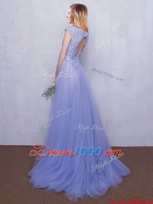 Beauteous Lavender Empire Tulle Scoop Cap Sleeves Lace and Belt With Train Backless Dama Dress Brush Train