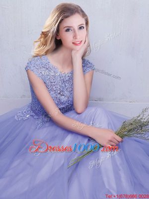 Beauteous Lavender Empire Tulle Scoop Cap Sleeves Lace and Belt With Train Backless Dama Dress Brush Train