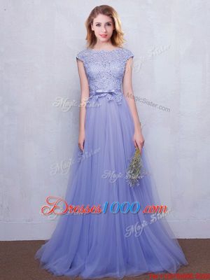 Beauteous Lavender Empire Tulle Scoop Cap Sleeves Lace and Belt With Train Backless Dama Dress Brush Train