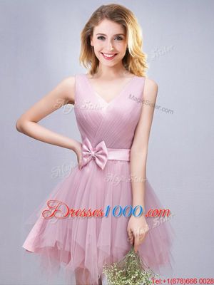 Best Sleeveless Tulle Mini Length Lace Up Quinceanera Court Dresses in Pink for with Ruffles and Ruching and Bowknot