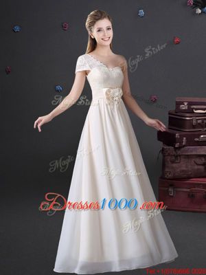 Fantastic White Zipper One Shoulder Lace and Bowknot Bridesmaid Dress Chiffon Sleeveless