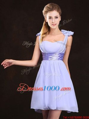 Chiffon Sleeveless Mini Length Quinceanera Court Dresses and Ruffles and Sequins and Ruching and Bowknot and Hand Made Flower