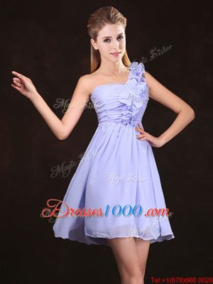 Chiffon Sleeveless Mini Length Quinceanera Court Dresses and Ruffles and Sequins and Ruching and Bowknot and Hand Made Flower