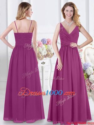 Pretty Chiffon V-neck Sleeveless Zipper Ruching Quinceanera Court of Honor Dress in Fuchsia