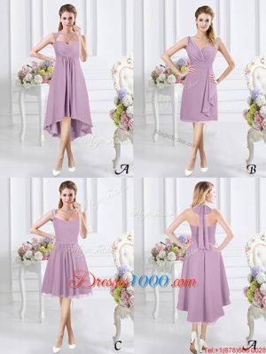 Custom Made Halter Top Sleeveless Court Dresses for Sweet 16 High Low Ruching Lavender Chiffon