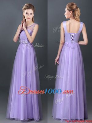 Scoop Sleeveless Lace Up Bridesmaid Dress Lavender Tulle