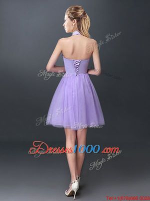 Hot Sale Halter Top Mini Length Lace Up Wedding Party Dress Lavender and In for Prom and Party and Wedding Party with Lace and Appliques