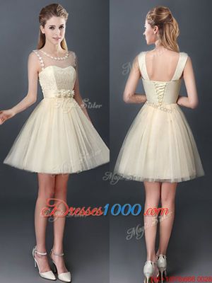 Exceptional A-line Quinceanera Court of Honor Dress Champagne Scoop Tulle Sleeveless Mini Length Lace Up