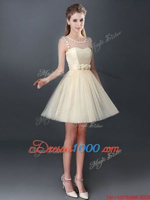 Exceptional A-line Quinceanera Court of Honor Dress Champagne Scoop Tulle Sleeveless Mini Length Lace Up