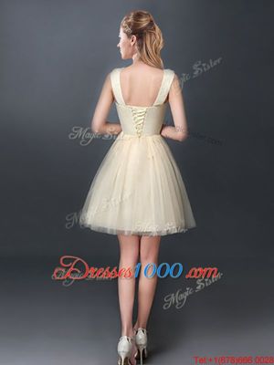 Exceptional A-line Quinceanera Court of Honor Dress Champagne Scoop Tulle Sleeveless Mini Length Lace Up