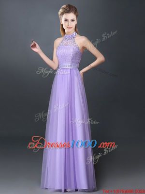 Lavender Tulle Lace Up Halter Top Sleeveless Floor Length Vestidos de Damas Lace and Appliques