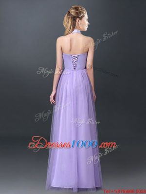 Lavender Tulle Lace Up Halter Top Sleeveless Floor Length Vestidos de Damas Lace and Appliques