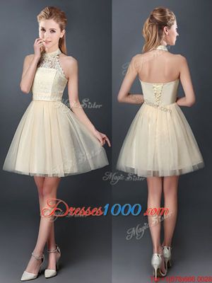Fantastic Halter Top Champagne Lace Up Damas Dress Lace and Appliques Sleeveless Mini Length
