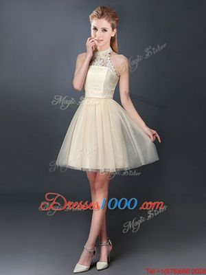 Fantastic Halter Top Champagne Lace Up Damas Dress Lace and Appliques Sleeveless Mini Length