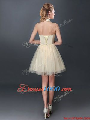 Fantastic Halter Top Champagne Lace Up Damas Dress Lace and Appliques Sleeveless Mini Length