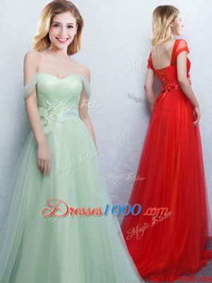 Fancy Apple Green Tulle Lace Up Off The Shoulder Sleeveless With Train Bridesmaid Dress Brush Train Appliques and Ruching