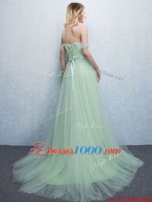 Fancy Apple Green Tulle Lace Up Off The Shoulder Sleeveless With Train Bridesmaid Dress Brush Train Appliques and Ruching