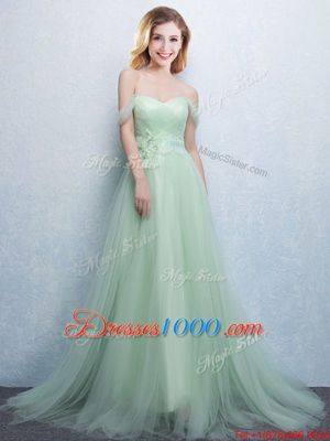 Fancy Apple Green Tulle Lace Up Off The Shoulder Sleeveless With Train Bridesmaid Dress Brush Train Appliques and Ruching