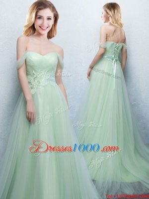 Fancy Apple Green Tulle Lace Up Off The Shoulder Sleeveless With Train Bridesmaid Dress Brush Train Appliques and Ruching