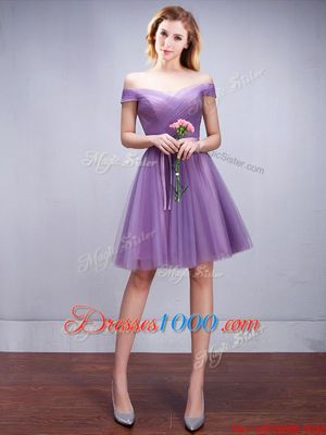 Extravagant Off The Shoulder Sleeveless Bridesmaids Dress Knee Length Ruching and Belt Lavender Tulle