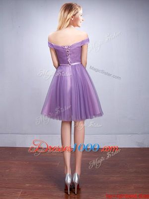 Extravagant Off The Shoulder Sleeveless Bridesmaids Dress Knee Length Ruching and Belt Lavender Tulle