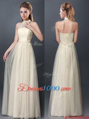 Deluxe Halter Top Floor Length Lace Up Wedding Guest Dresses Champagne and In for Prom and Party and Wedding Party with Lace and Appliques