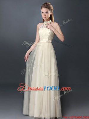 Deluxe Halter Top Floor Length Lace Up Wedding Guest Dresses Champagne and In for Prom and Party and Wedding Party with Lace and Appliques