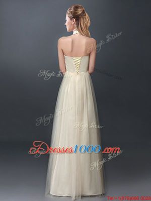 Deluxe Halter Top Floor Length Lace Up Wedding Guest Dresses Champagne and In for Prom and Party and Wedding Party with Lace and Appliques