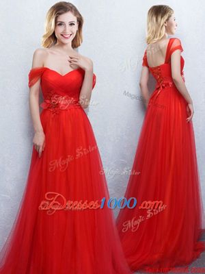 New Style Off the Shoulder Red Sleeveless Tulle Brush Train Lace Up Wedding Guest Dresses for Prom and Party and Wedding Party