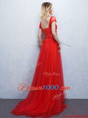 New Style Off the Shoulder Red Sleeveless Tulle Brush Train Lace Up Wedding Guest Dresses for Prom and Party and Wedding Party