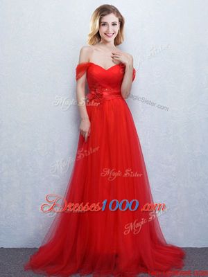 New Style Off the Shoulder Red Sleeveless Tulle Brush Train Lace Up Wedding Guest Dresses for Prom and Party and Wedding Party