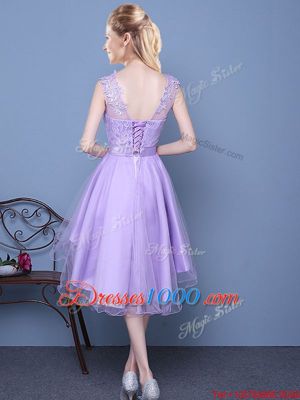 Scoop Mini Length Lavender Bridesmaid Dress Organza Sleeveless Lace