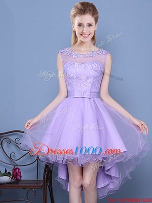 Scoop Mini Length Lavender Bridesmaid Dress Organza Sleeveless Lace