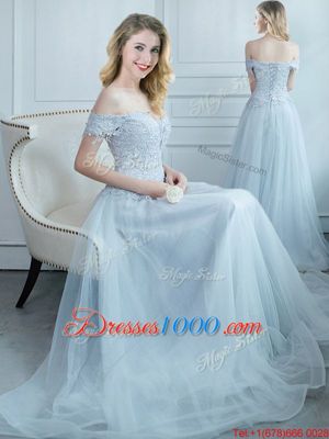 Off the Shoulder Floor Length Light Blue Bridesmaid Dress Tulle Cap Sleeves Beading and Appliques