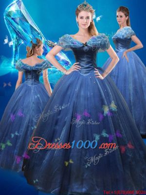 Dynamic Cinderella Off The Shoulder Sleeveless Sweet 16 Quinceanera Dress Floor Length Beading and Bowknot Navy Blue Tulle